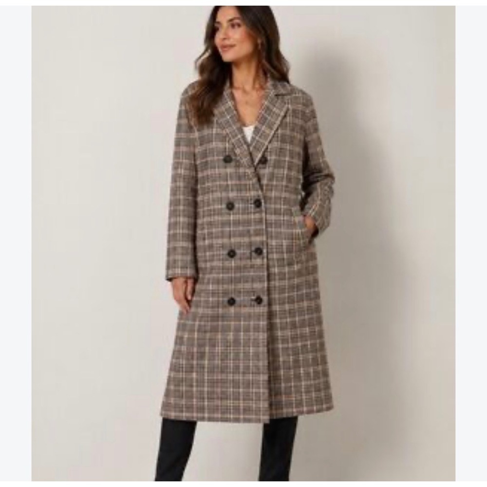 Tahari Double-Breasted Plaid Long Coat – Tan & Black – Women's Medium – NWT